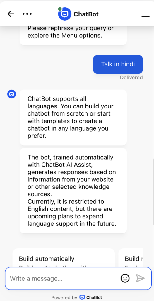 Chatbot AI couldn't respond to hindi